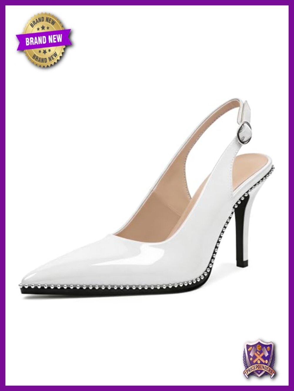 Beaded High Heel Slingback Pumps Pointed Toe Stilettos Adjustable Buckle Patent